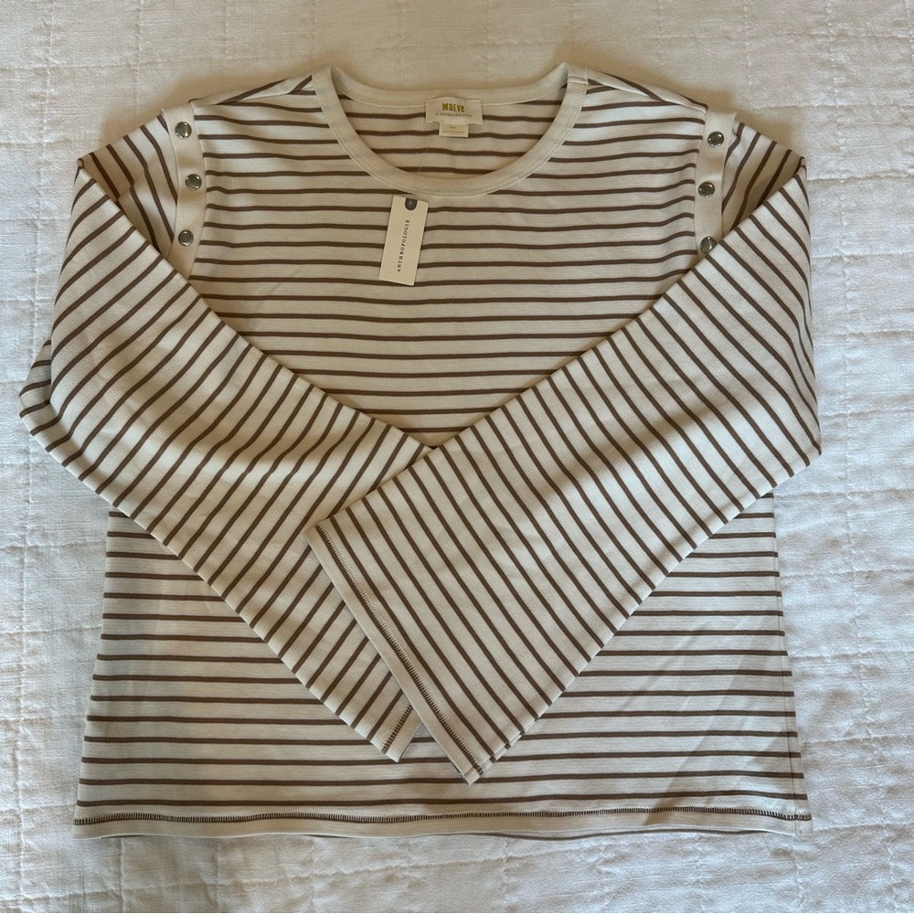 Anthropologie Maeve Slouchy Striped Long Sleeve Tee Cream and Brown NWT